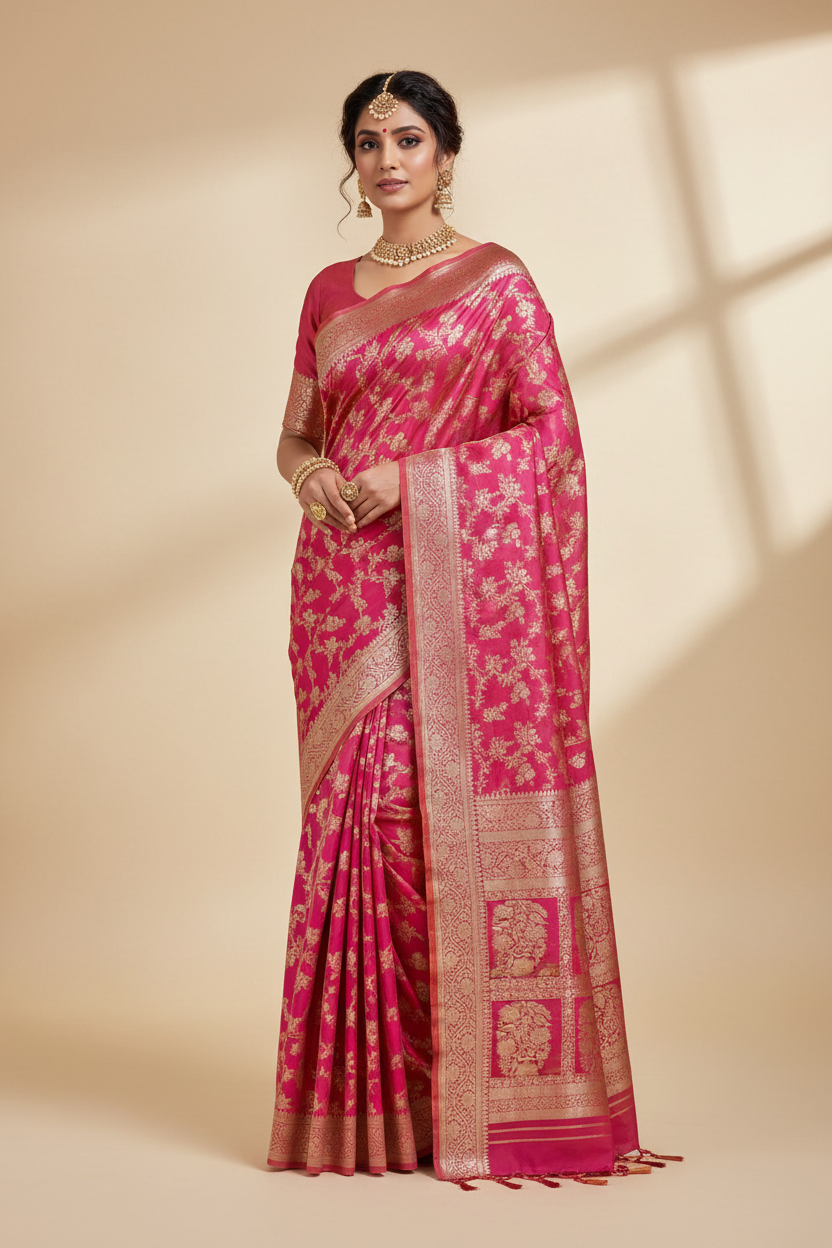 Pure Banaras Silk Saree Rani Pink (Dual Tone)Colour with Self Colour Banarasi border