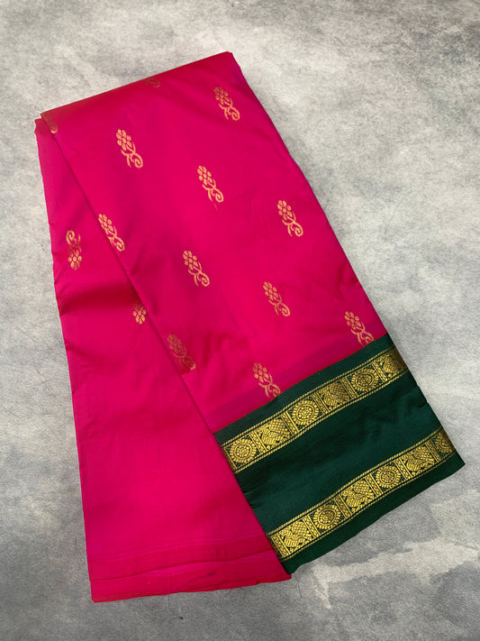 Semi Silk Saree Pink Colour with Rettai Pettu Border-(One Side Border)