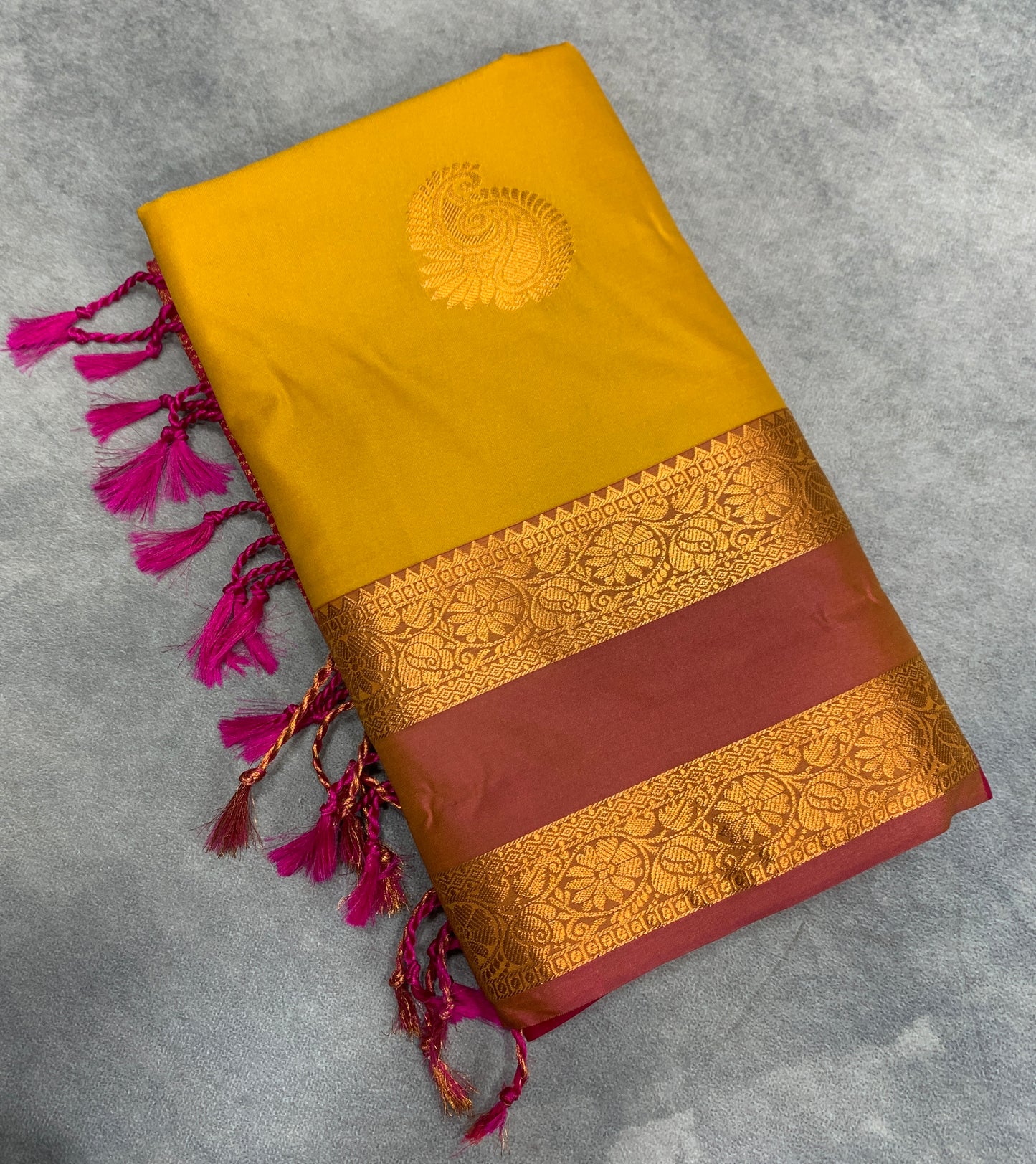 Soft Vegan Silk Saree Yellow Colour with Rettai Pettu Border