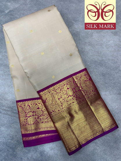 Pure Kanchipuram Silk Tussar Colour with Magenta and Golden Zari Border