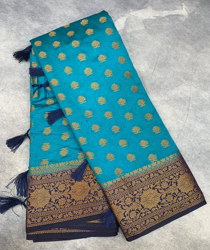 Crepe Saree Sky Blue Colour with Navy Blue Border