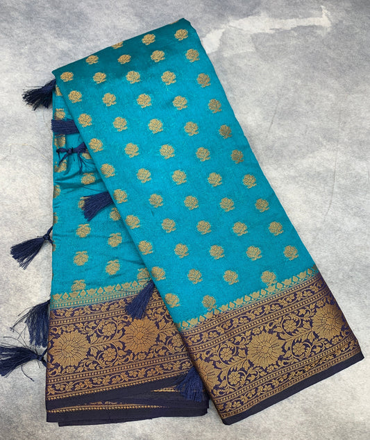 Crepe Saree Sky Blue Colour with Navy Blue Border
