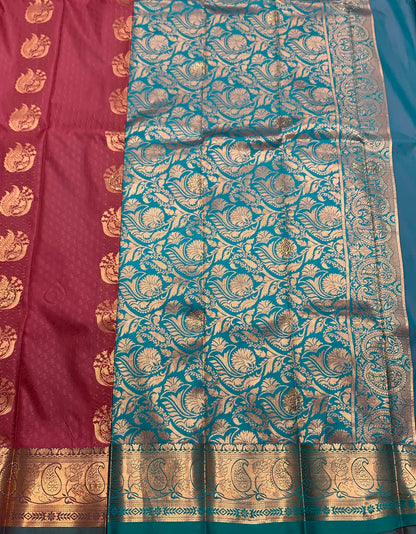 Vegan Silk Saree Maroon Colour with Copper and Green Floral Design Border