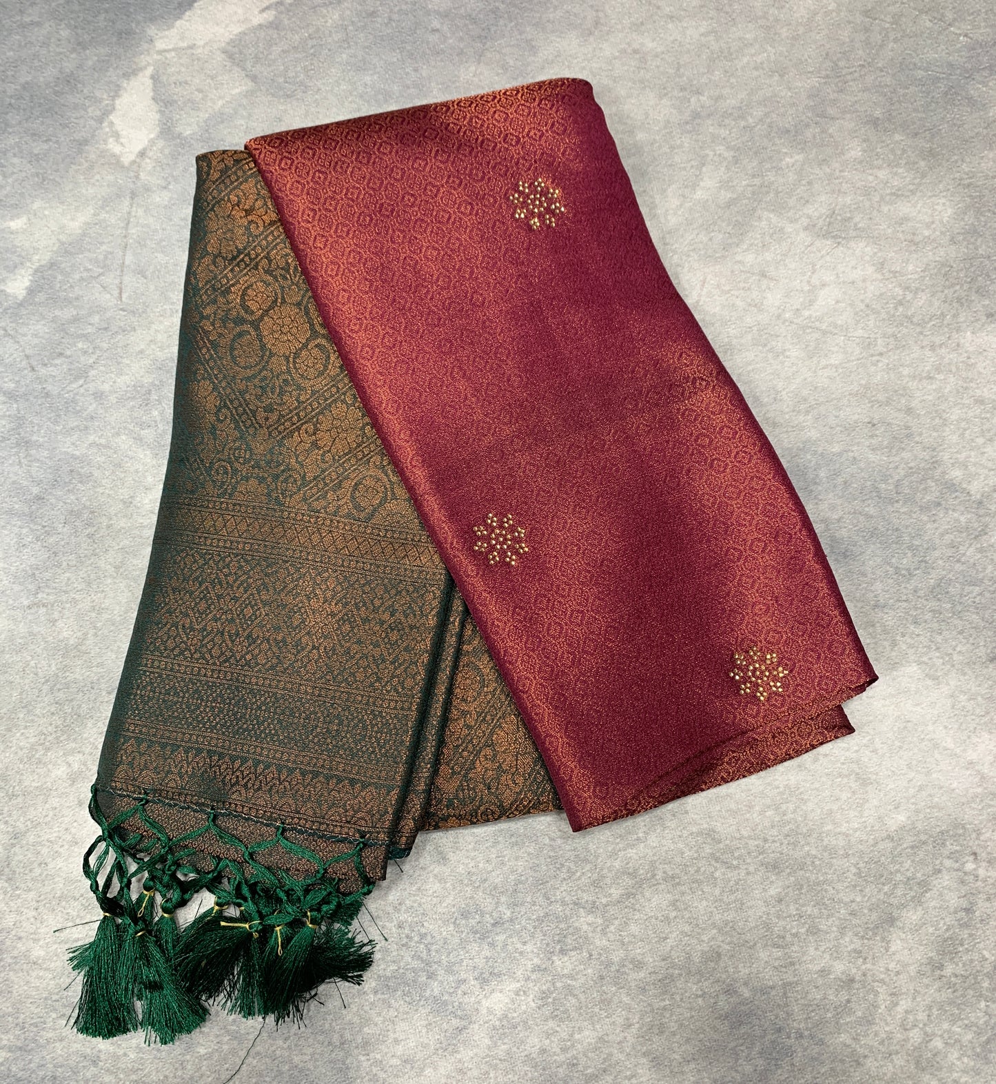 Soft Silk Saree Brown Colour and Stone Work with Green Colour Pallu