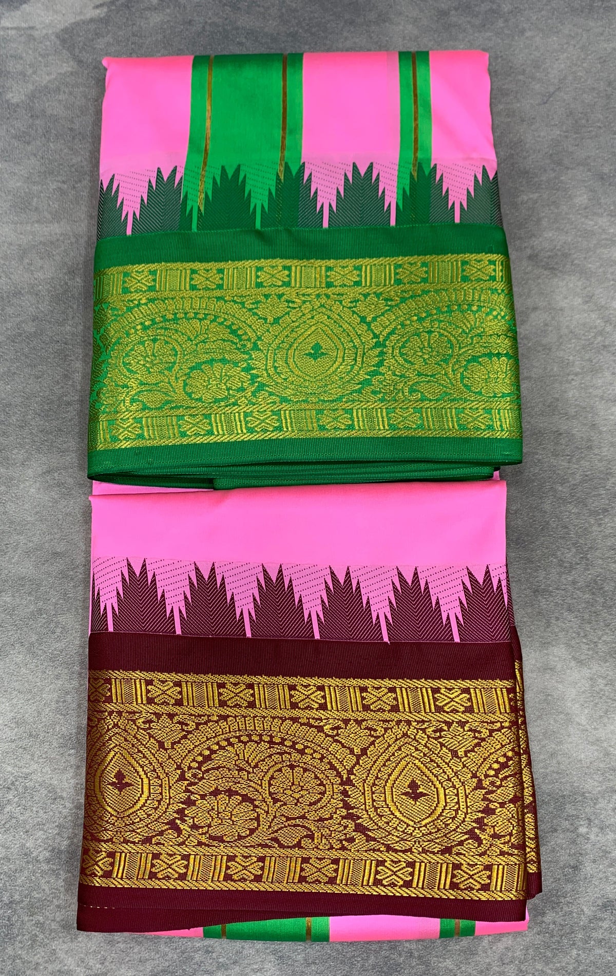 Art Silk Dhothi 9X5 Baby Pink Colour with Green and Brown Colour Ganga Jamuna Border