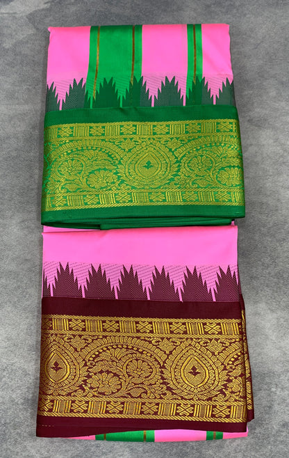 Art Silk Dhothi 9X5 Baby Pink Colour with Green and Brown Colour Ganga Jamuna Border
