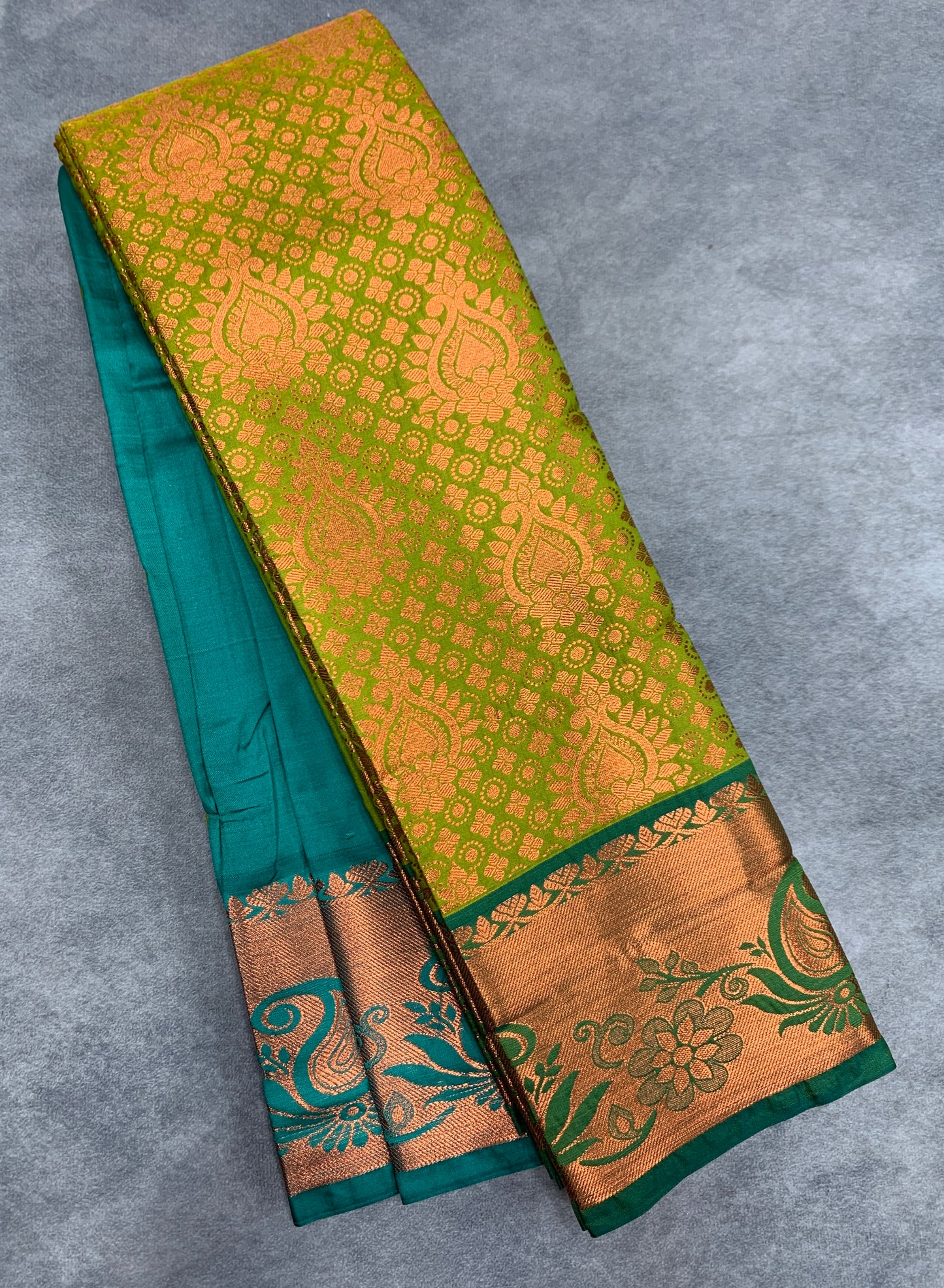 Vegan Silk Saree Lime Green Colour with Light Green and Copper Border