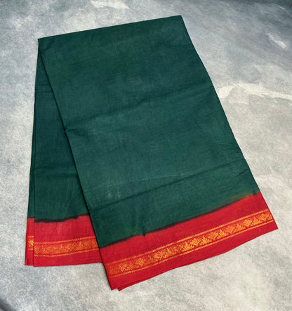 Chettinad Cotton Saree Green Colour with Red Colour Border