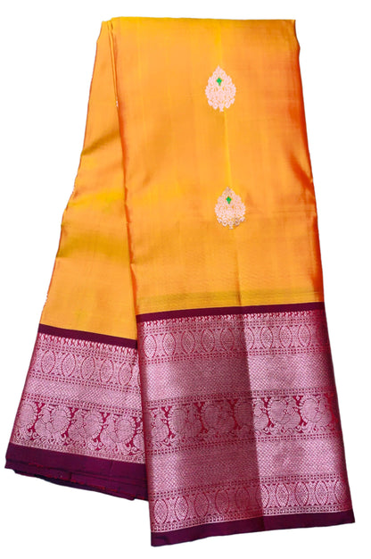 Pure Kanchipuram Silk Saree Mango Yellow Colour with Maroon Border