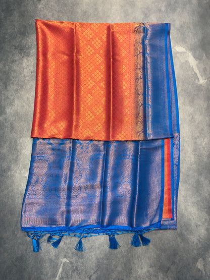 Soft Silk Saree Red Colour with Sky Blue Colour Pallu