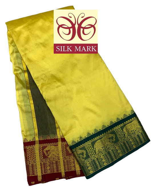 9X5 Pure Silk Dhoti Yellow Colour with Green and Maroon Ganga Jamuna Border