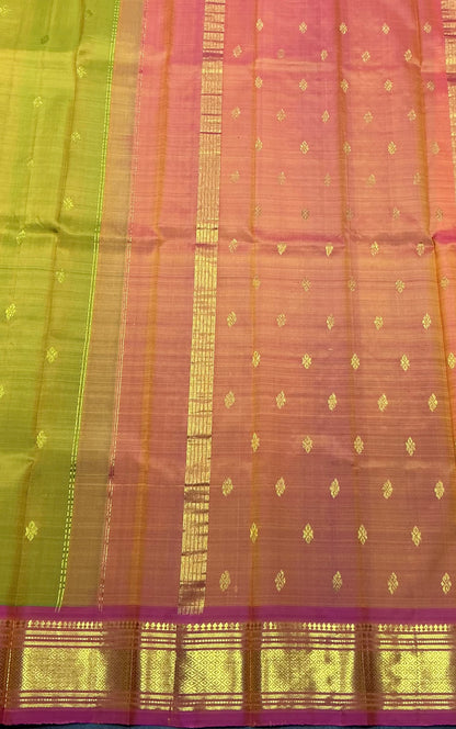 Pure Kanchipuram Silk Saree Lime Green Colour with Pink Gold Zari Border
