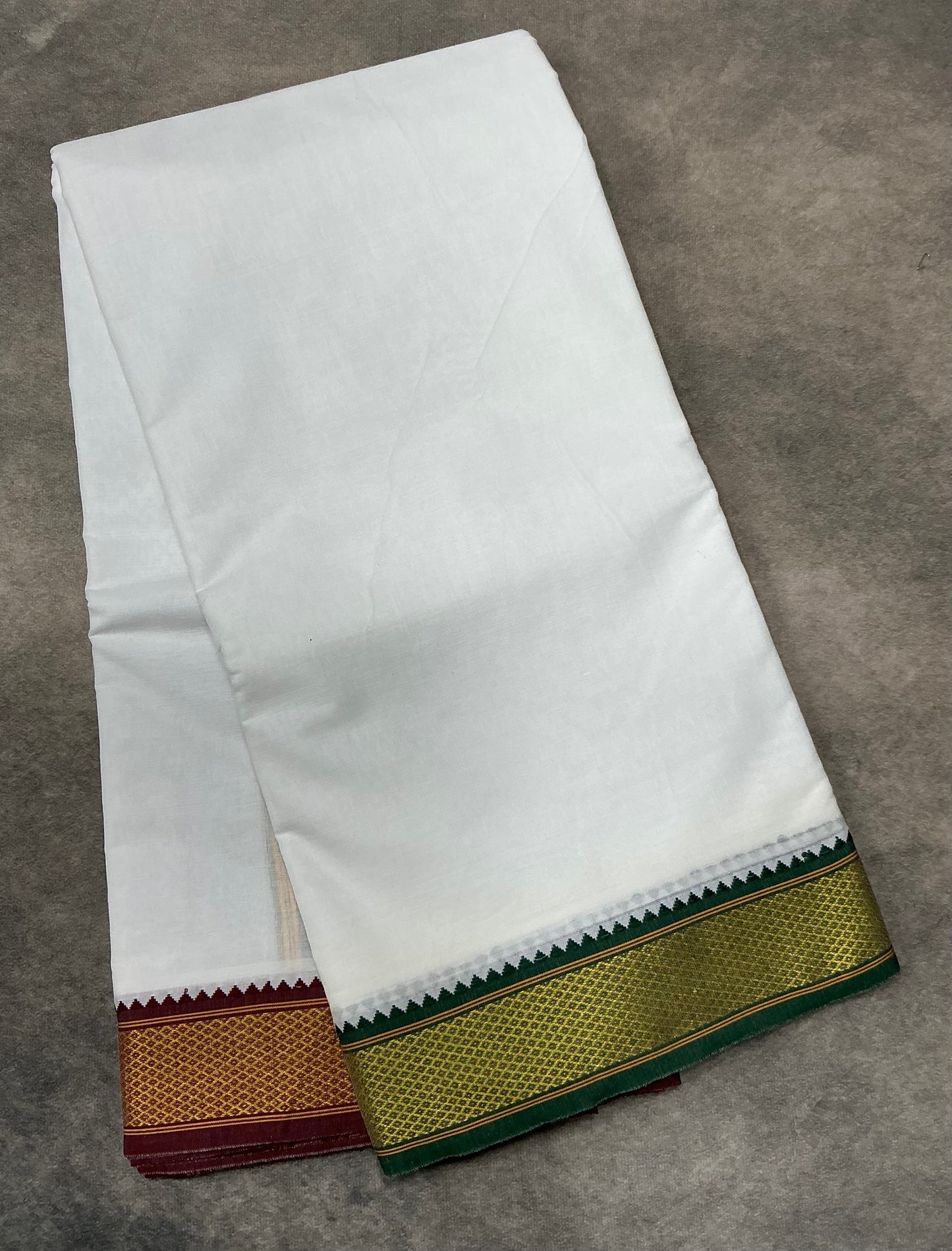9X5 Cotton Dhoti White Colour with Green and Maroon Zari Border with Angavastram