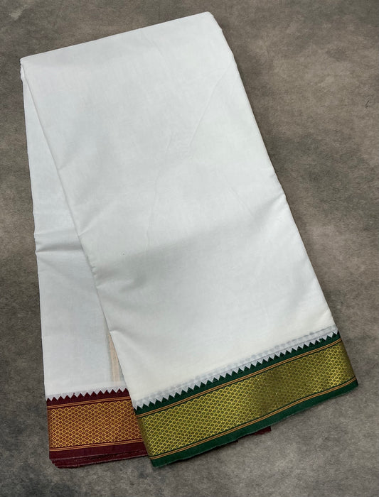 9X5 Cotton Dhoti White Colour with Green and Maroon Zari Border with Angavastram