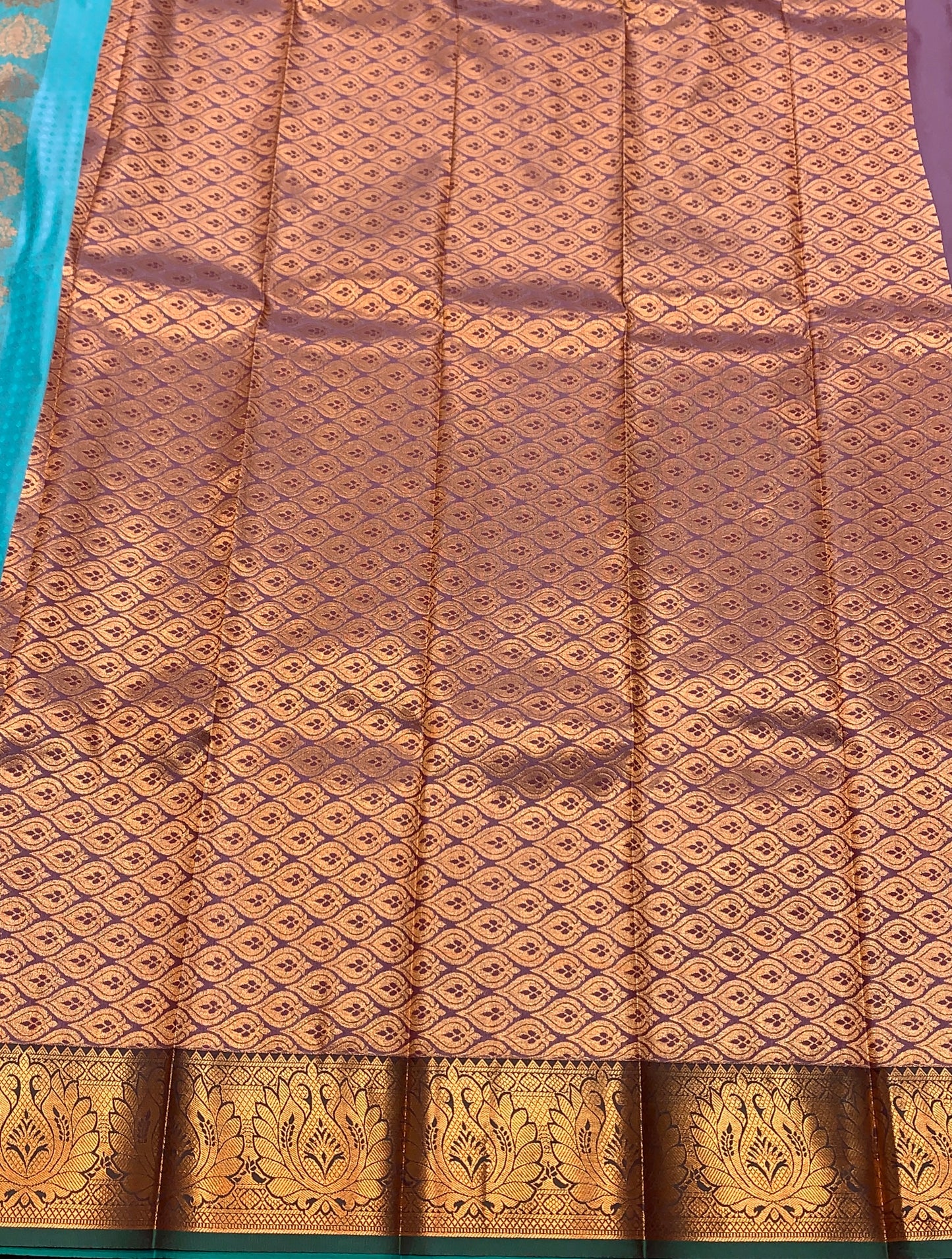 Vegan Silk Saree Sapphire Colour with Light Green and Copper Border