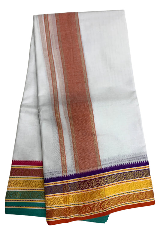 9X5 Cotton Dhoti White Colour with Violet,Red and Yellow Border