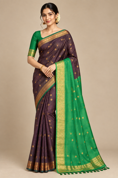Brown Colour Silk Cotton Saree with Copper Zari Border