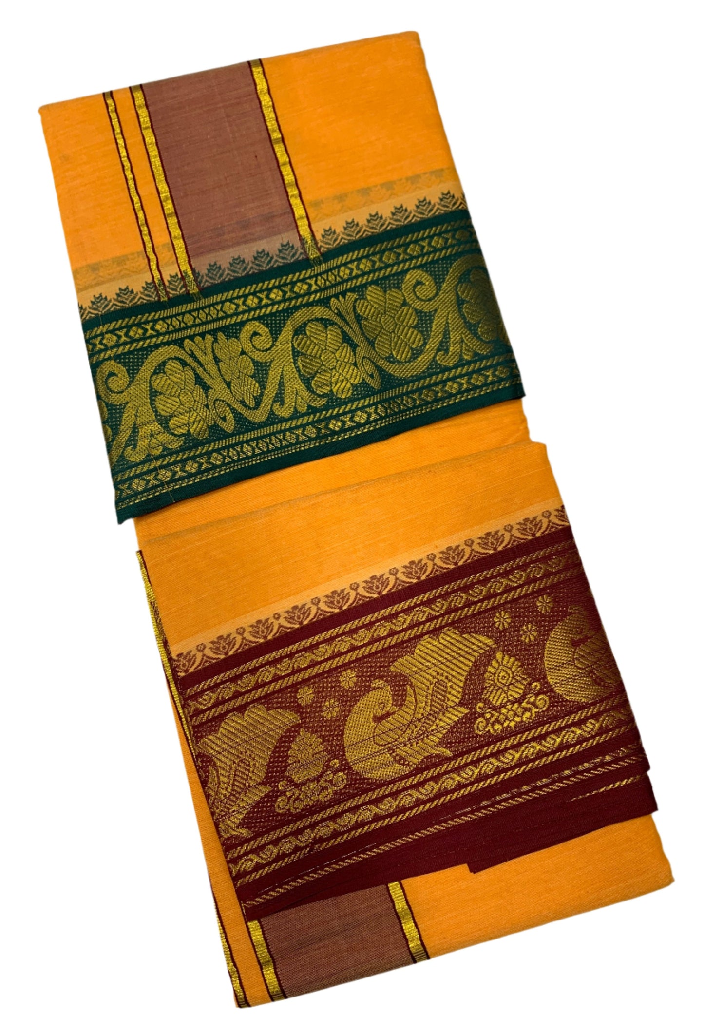 9X5 Cotton Dhoti Mango Yellow Colour with Green and Maroon Border