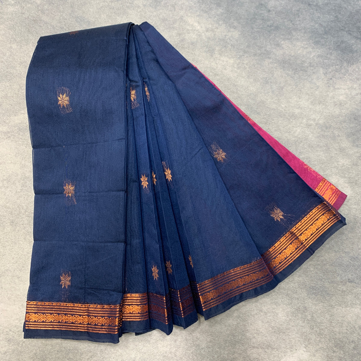 Navy Blue Colour Silk Cotton Saree with Copper Zari Border