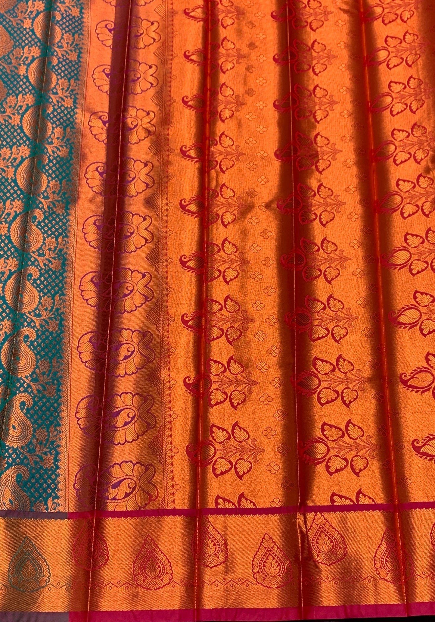 Vegan Silk Saree Peacock Green Colour with Pink and Copper Border