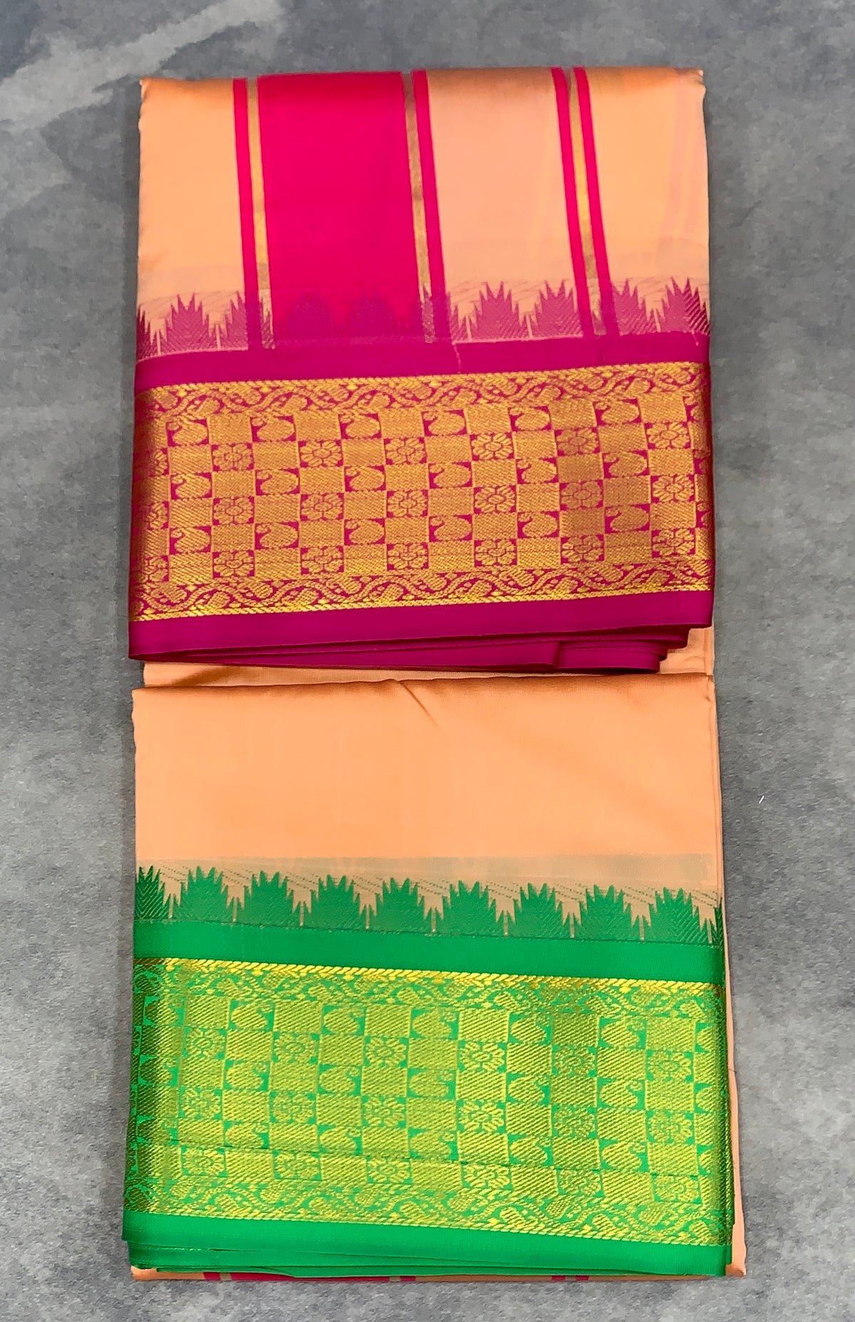 Art Silk Dhothi 9X5 Peach Colour with Pink and Light Green Colour Ganga Jamuna Border