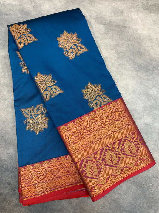 Soft Silk Casual Saree Sky Blue Colour with Red and Golden Colour Border