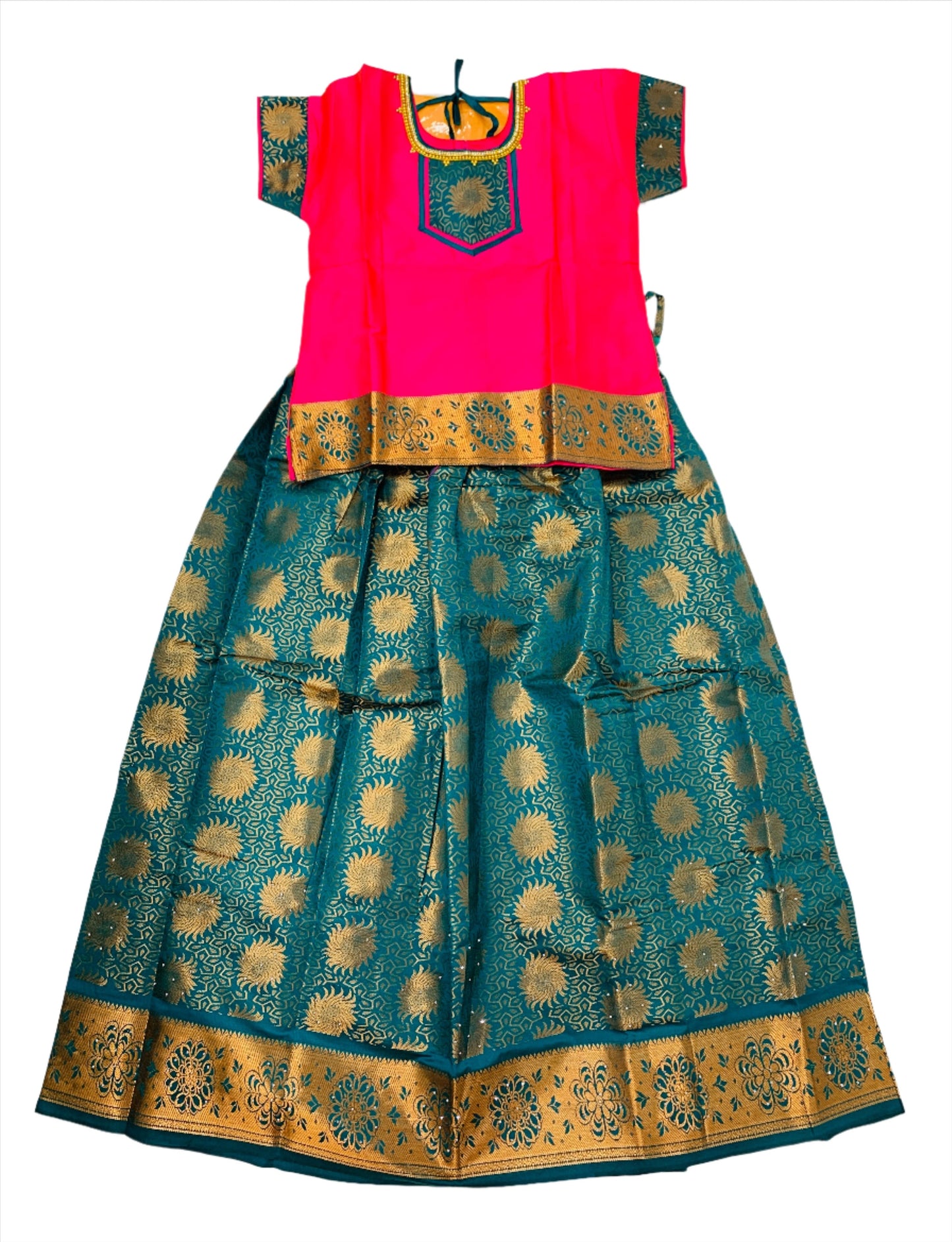 Ready To Wear Rama Green  Pavadai with contrast Baby Pink Blouse