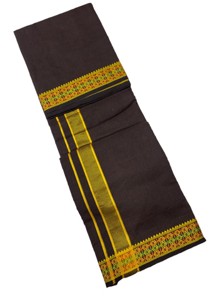 9X5 Cotton Dhoti Dark Brown Colour with Yellow Border