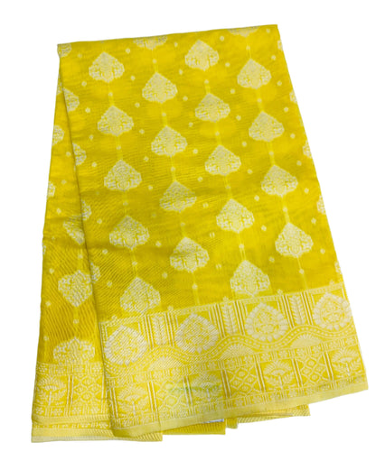 Banaras Katan Saree Lemon Yellow Colour with Katan Work Border