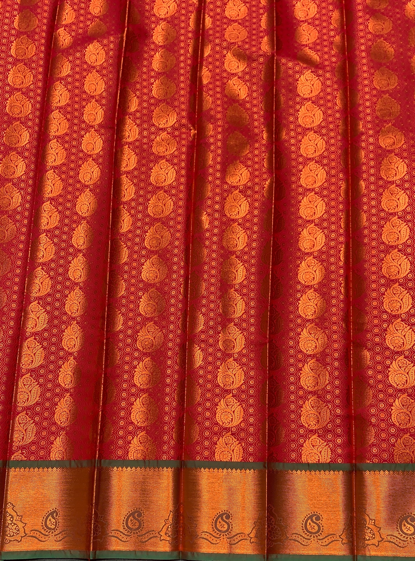 Vegan Silk Saree Pink Colour with Green and Copper Border