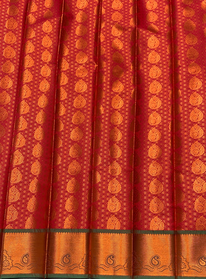 Vegan Silk Saree Pink Colour with Green and Copper Border