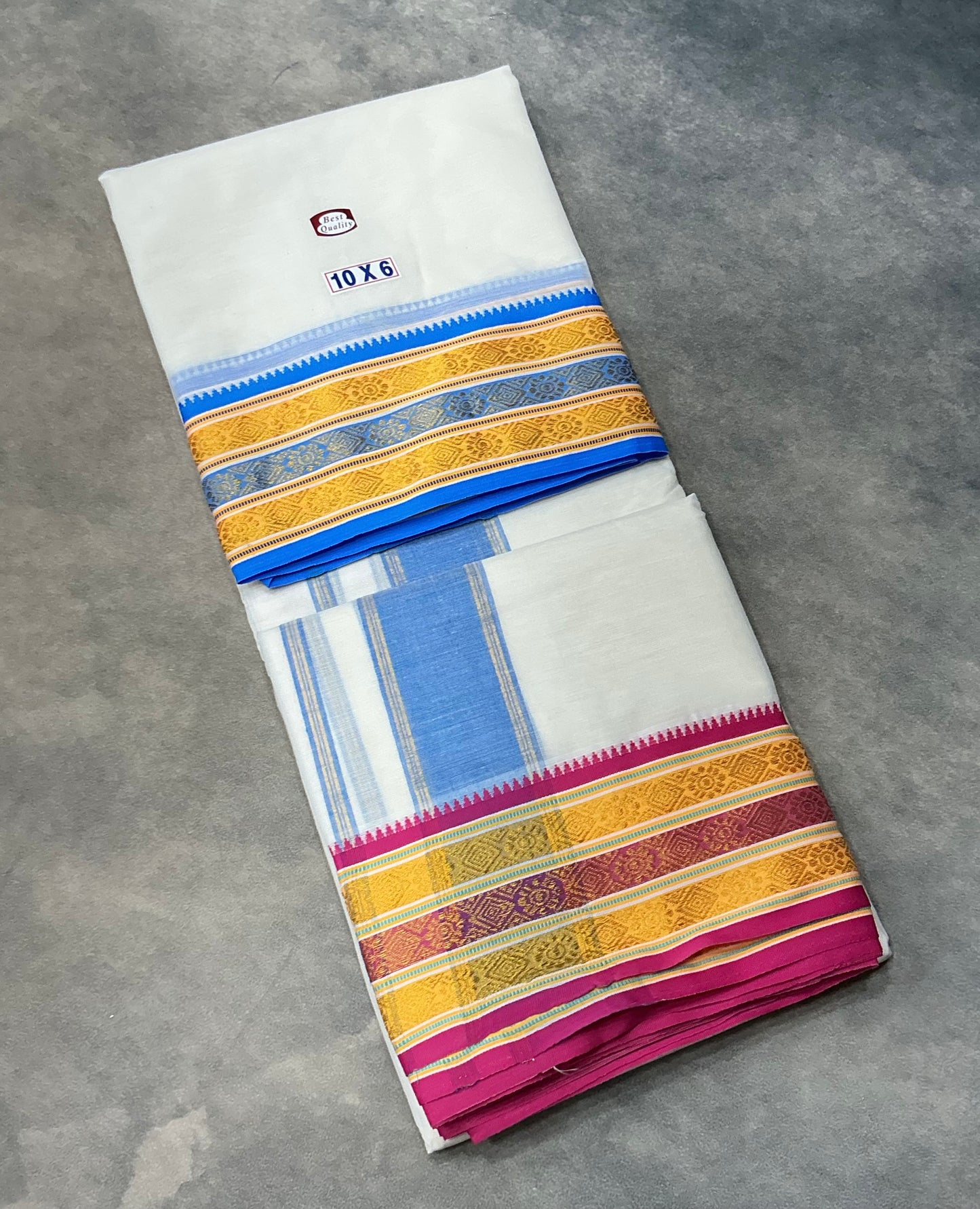 10X6 Cotton Dhoti White Colour with Yellow and Blue Border