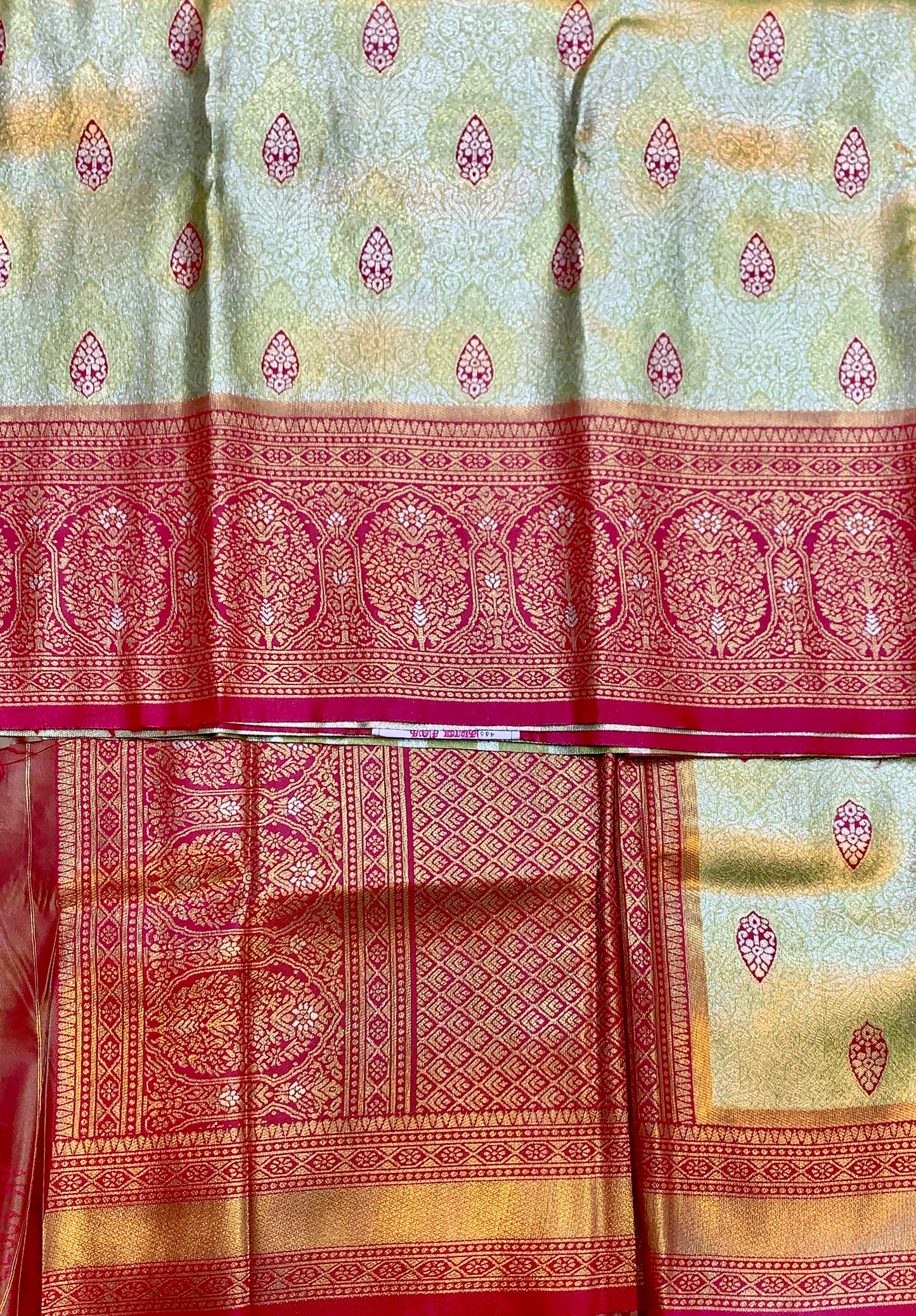 Fancy Tissue Saree Golden Apple Green Colour with Pink Border