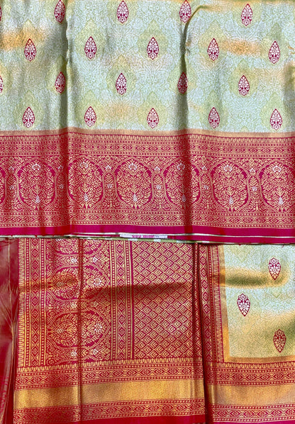 Fancy Tissue Saree Golden Apple Green Colour with Pink Border