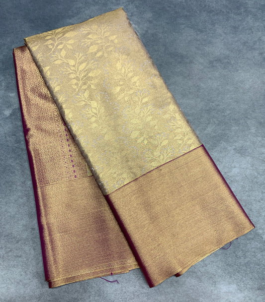 Fancy Tissue Saree Golden Colour with Light Purple Colour Border