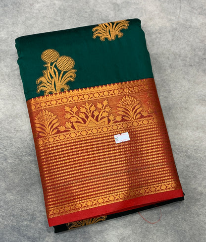 Soft Silk Casual Saree Green Colour with Maroon and Golden Colour Border