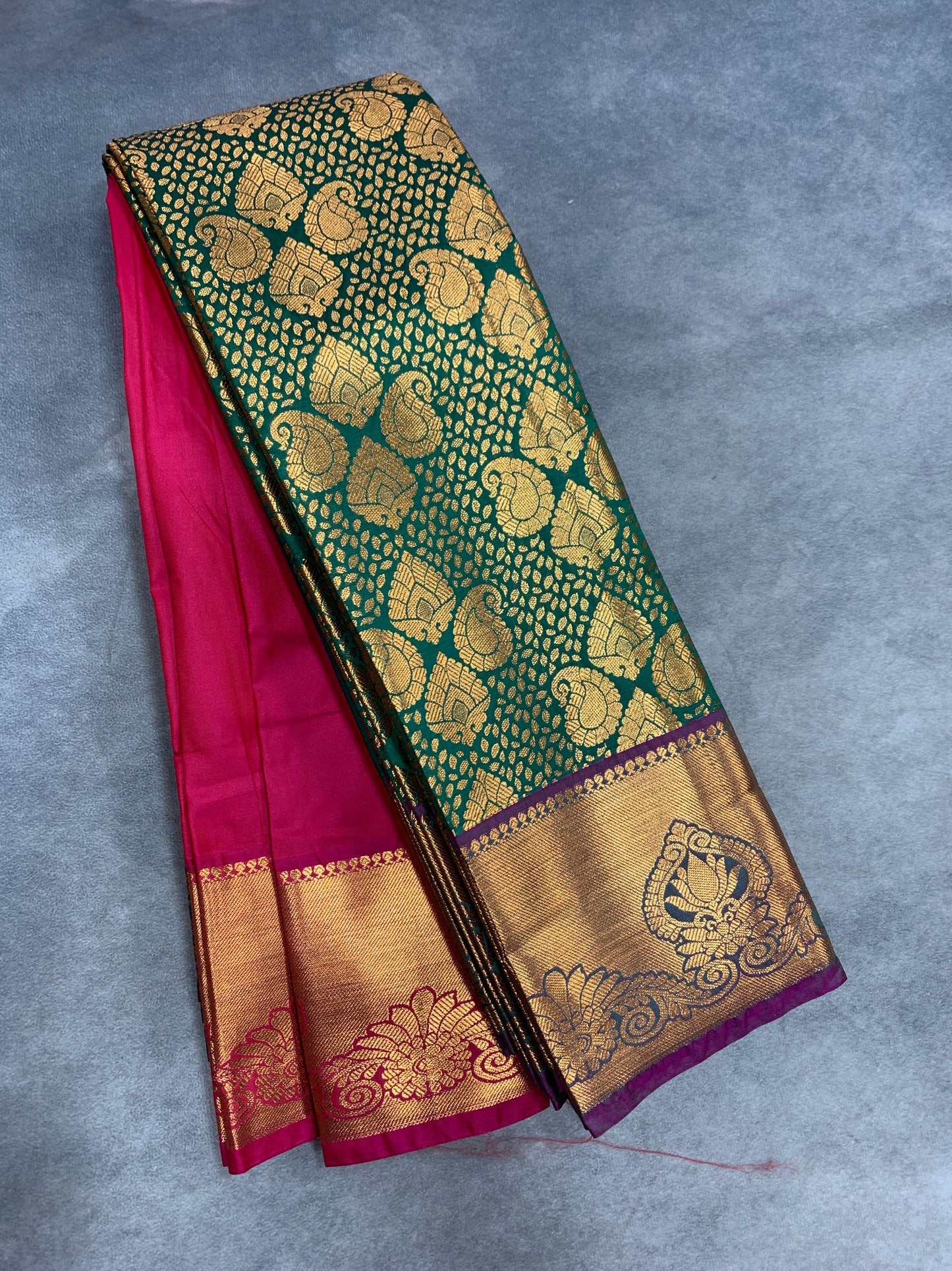 Vegan Silk Saree Green Colour with Pink and Copper Border