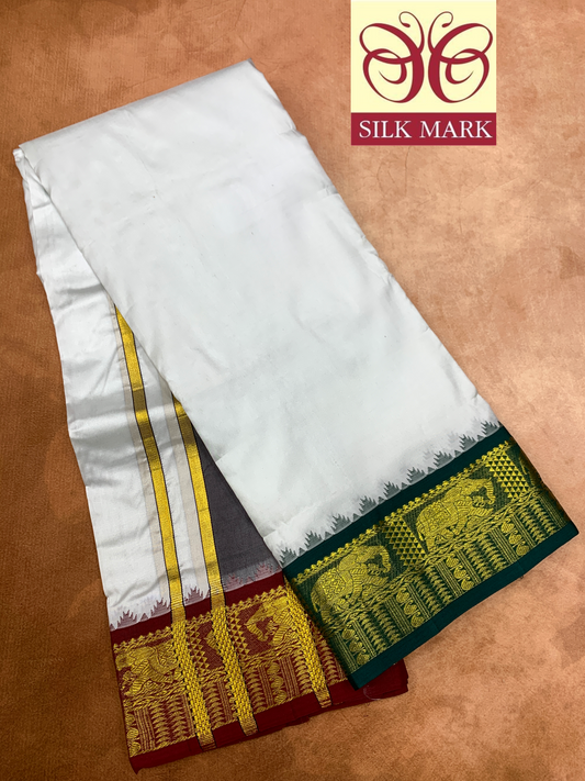 9X5 Pure Silk Dhoti White Colour with Green and Maroon Ganga Jamuna Border