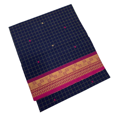 Chettinad Cotton Saree Navy Blue Shade with Pink Border