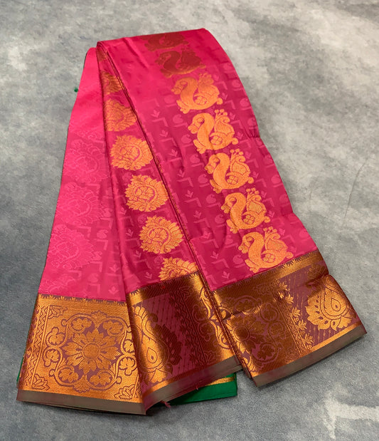 Vegan Silk Saree Peach Pink Colour Saree with Copper Border