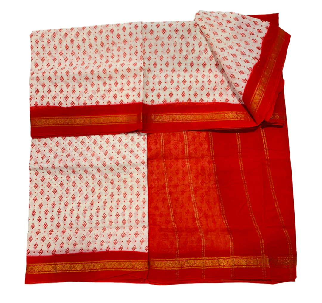 9 yards Cotton Saree White Colour with Red Border