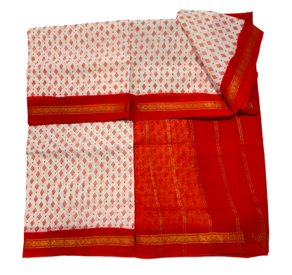 9 yards Cotton Saree White Colour with Red Border