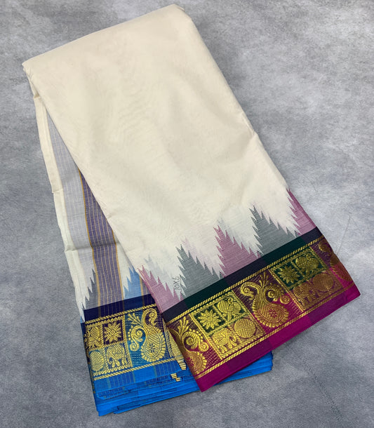 10X6 Korvai Cotton Dhoti Half White Colour with Multi Colour Border