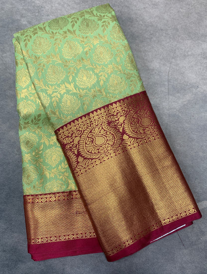 Pista Green Colour Semi Silk Saree with Big Maroon Border