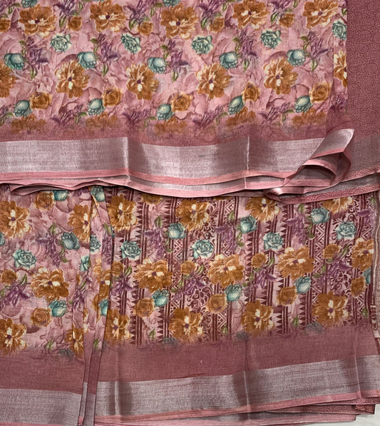 Jute Cotton Saree Pink Shade with Thread Border