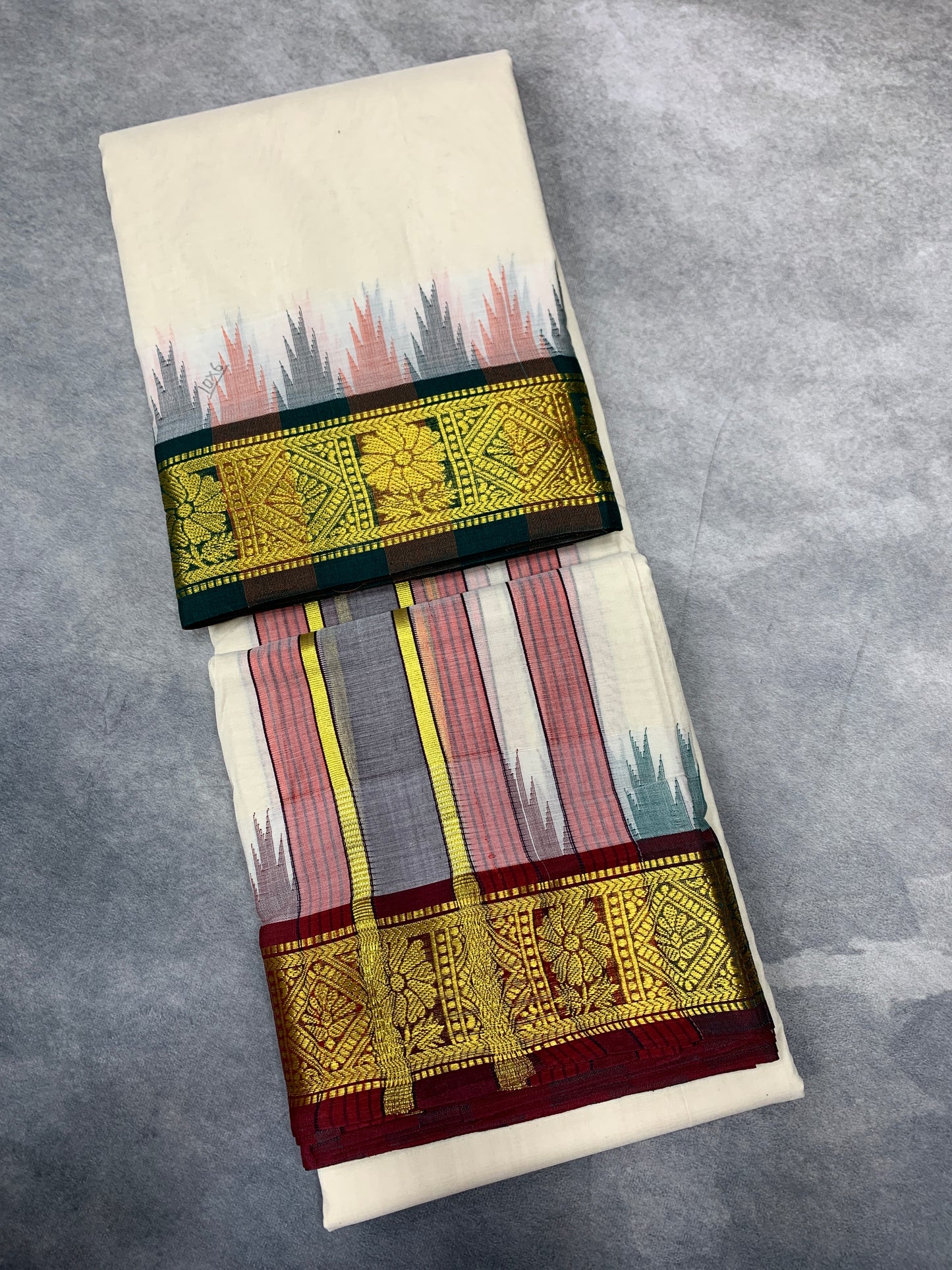 10X6 Korvai Cotton Dhoti Half White Colour with Green and Maroon Border