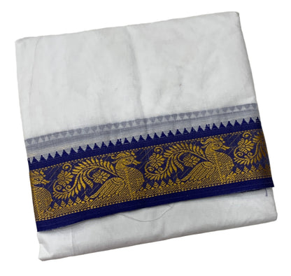 9X5 Cotton Dhoti White Blue and Pink Border with Angavastram