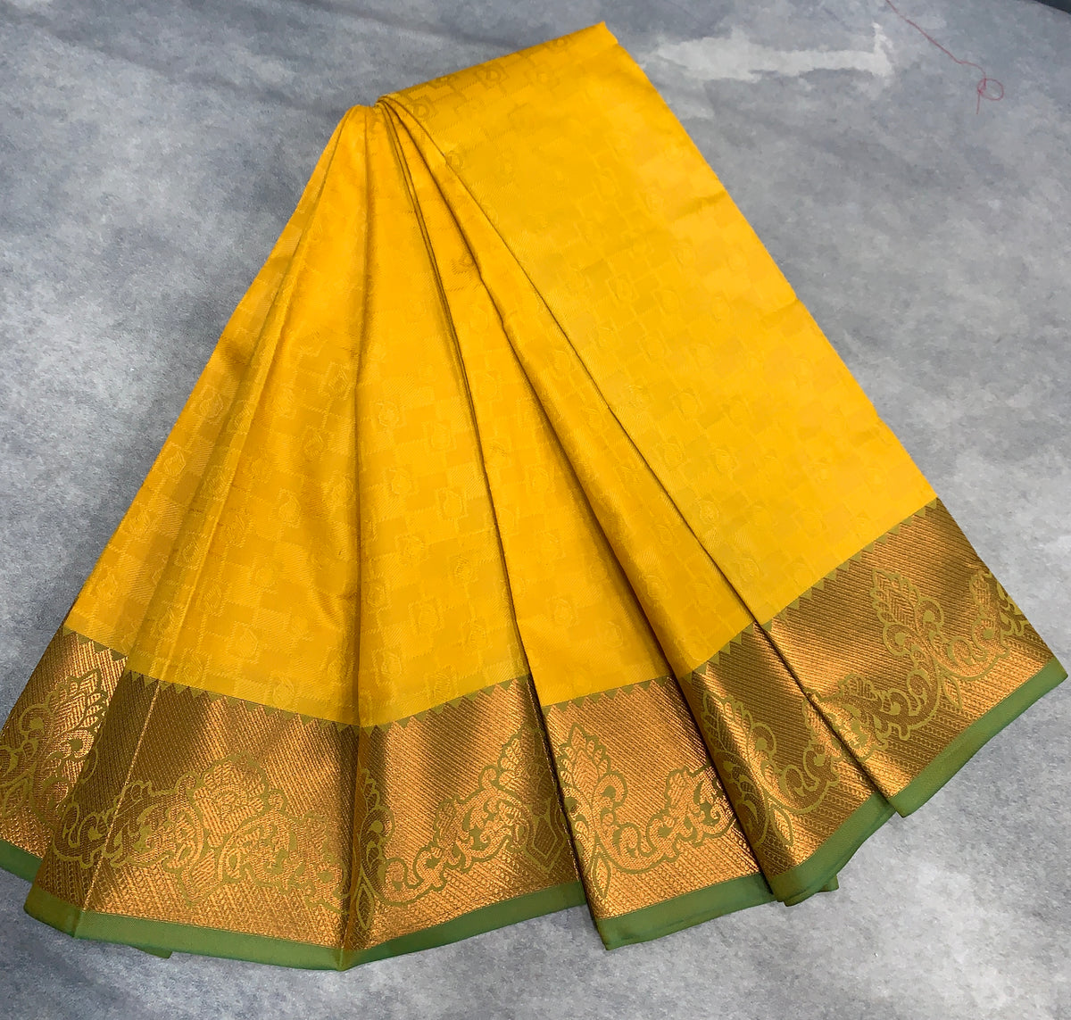 Poly Cotton Saree Yellow Colour with Copper Border