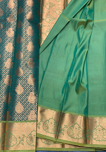 Vegan Silk Saree Light Green Colour with Copper Border