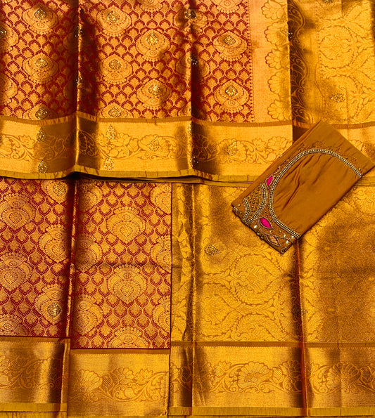 Bridal Vegan Silk Saree Maroon shade with Mustard Border with Unstitched blouse in Aari work